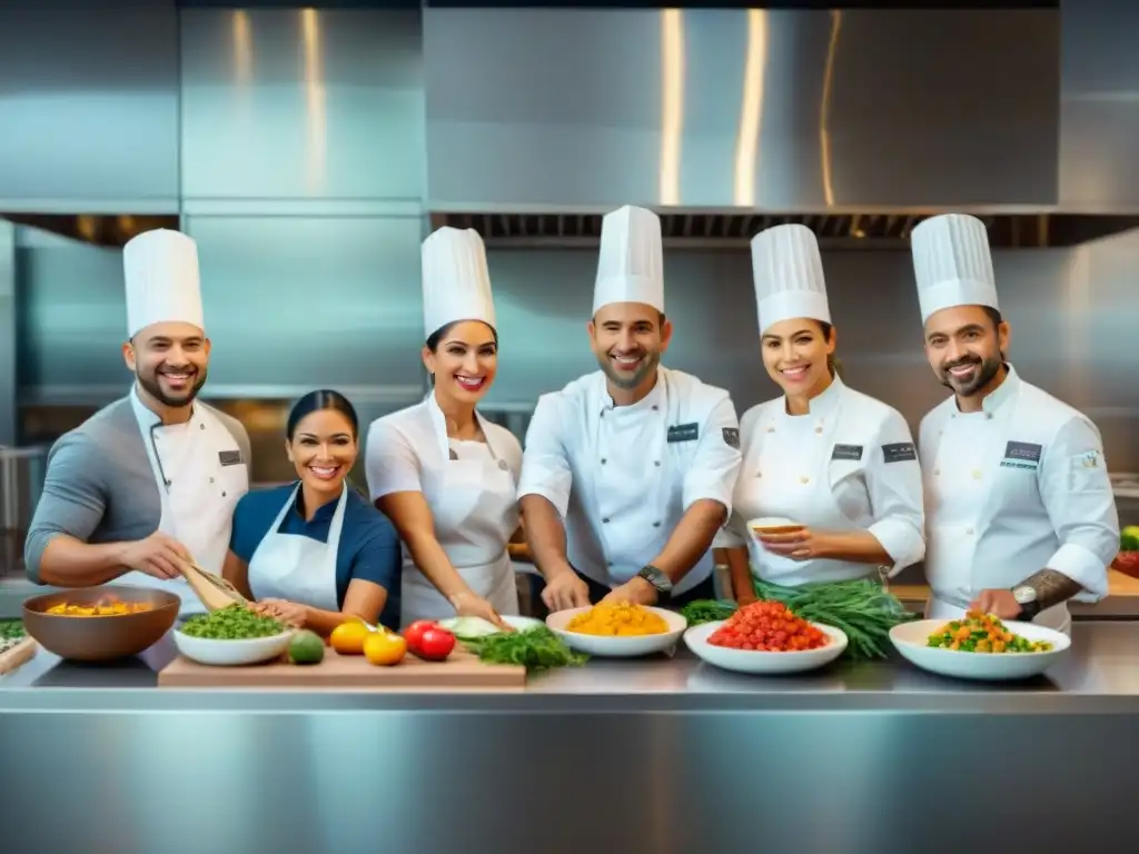 Chefs latinos creando platos sin gluten con pasión Un equipo de chefs latinos en una cocina moderna preparando platos sin gluten con ingredientes coloridos, mostrando creatividad y trabajo en equipo