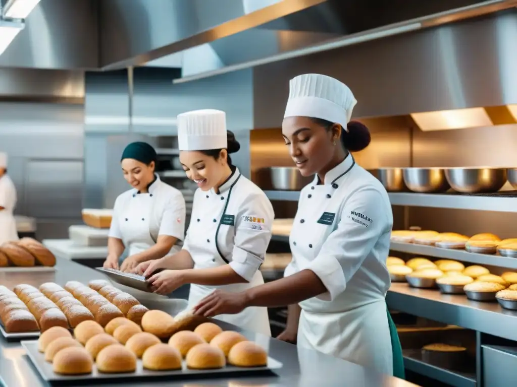 Un equipo diverso y apasionado elaborando productos sin gluten en una panadería moderna y concurrida