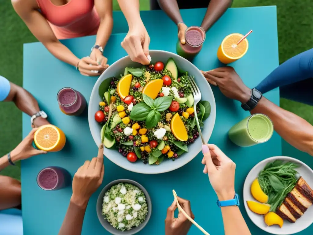 Un equipo diverso de atletas se deleita con menús sin gluten, transmitiendo salud, vitalidad y camaradería al atardecer