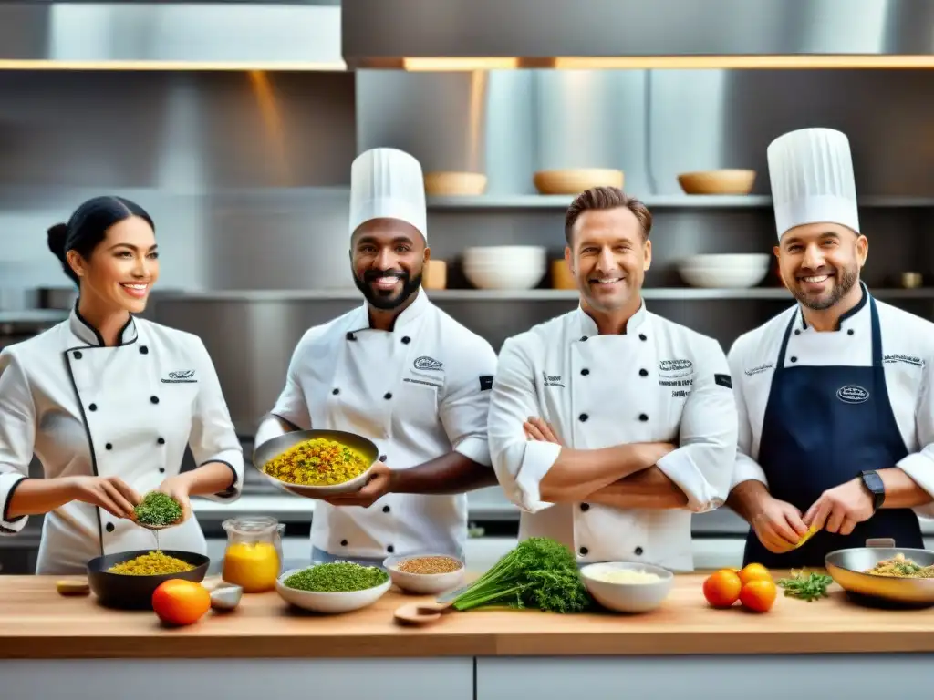 Un equipo diverso de chefs apasionados preparando platos sin gluten en una cocina moderna y luminosa, exudando creatividad y expertise