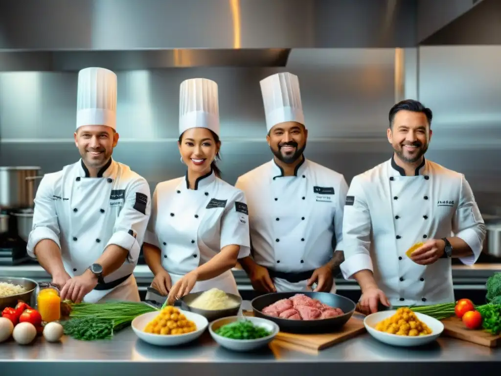 Un equipo diverso de chefs cocina sin gluten con sous vide en una cocina moderna y luminosa, mostrando expertise culinaria y trabajo en equipo