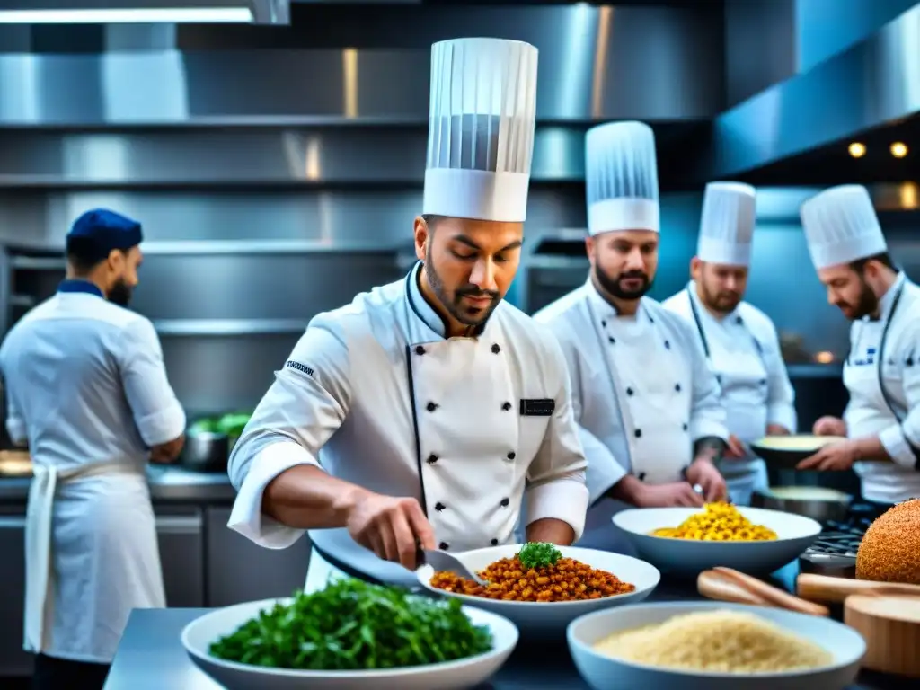 Un equipo diverso de chefs expertos preparando innovadoras recetas sin gluten en una moderna cocina vibrante