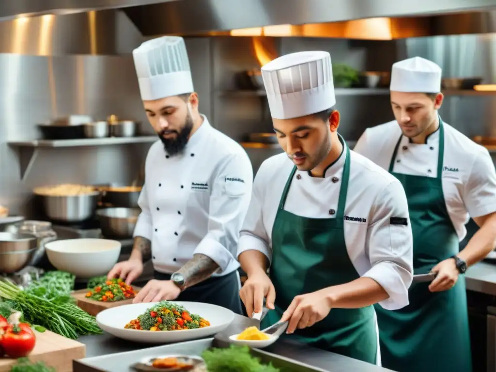 Un equipo diverso de chefs innovadores crea platos famosos sin gluten en una bulliciosa cocina de restaurante