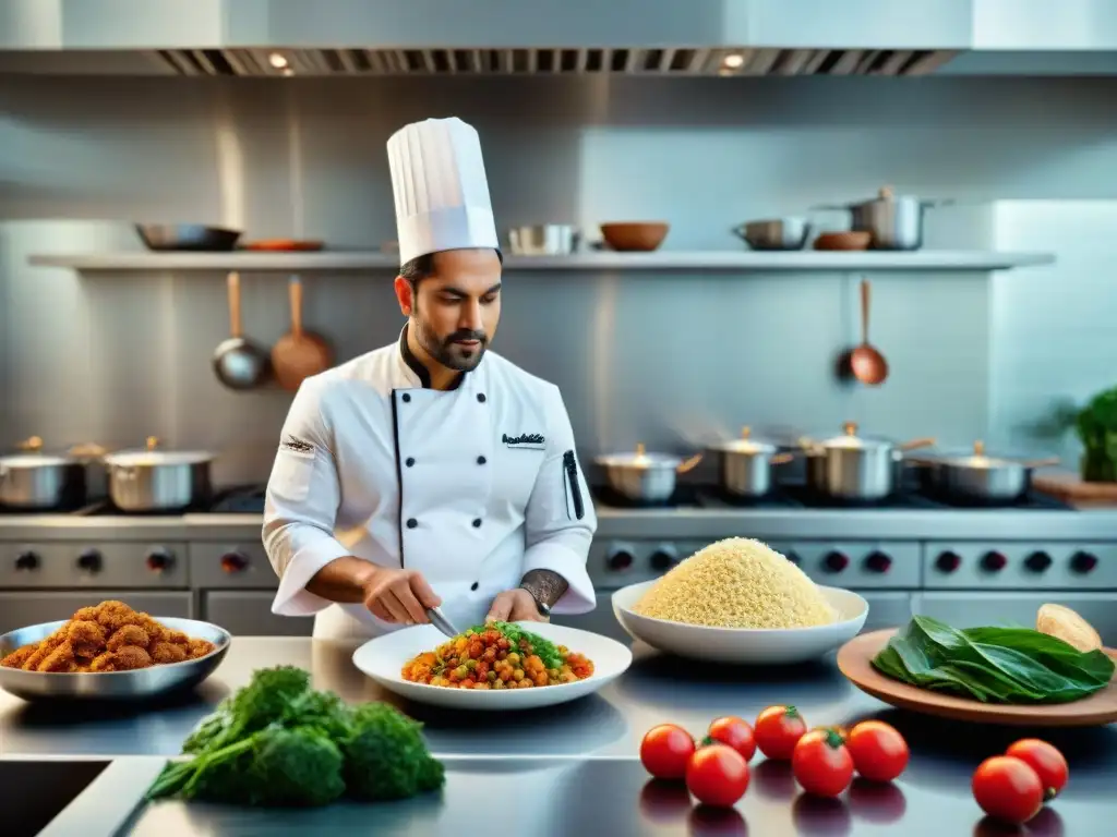 Chefs latinos creando platos latinos sin gluten Un equipo diverso de chefs latinos en una cocina moderna sin gluten, creando platos tradicionales con pasión y técnica artística