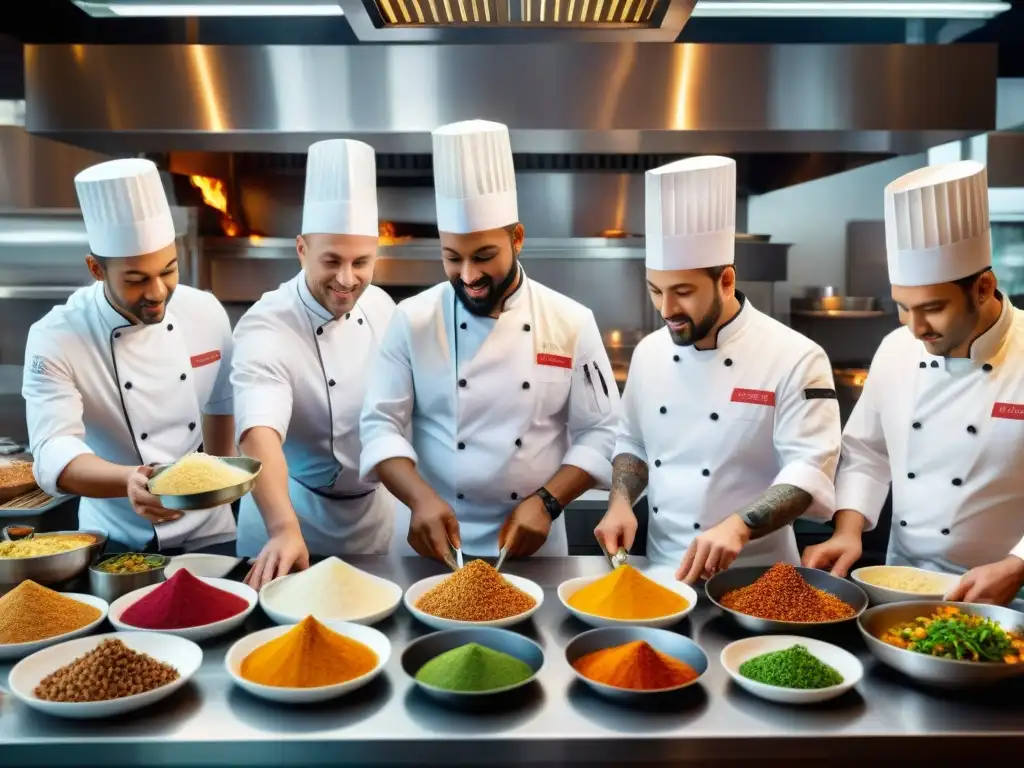 Un equipo diverso de chefs prepara platos sin gluten en un restaurante bullicioso, con ingredientes vibrantes y sabores del mundo