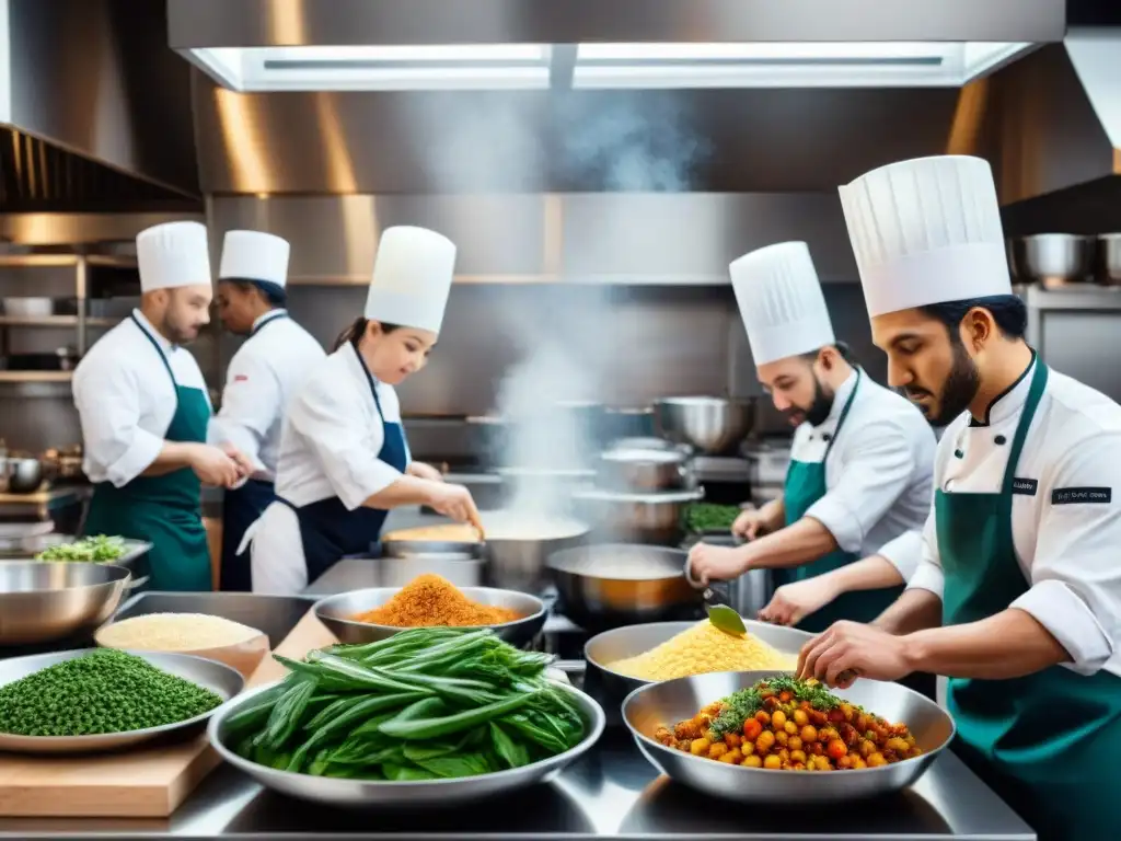 Un equipo diverso de chefs preparando platos famosos sin gluten innovadores en una cocina bulliciosa y vibrante