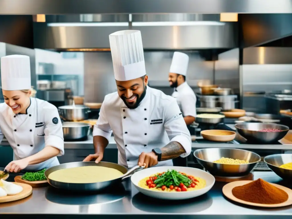 Un equipo diverso de chefs sonrientes en una cocina animada preparando platos sin gluten