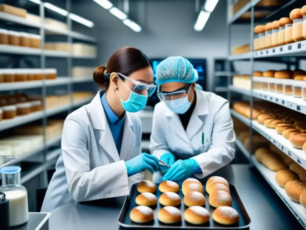 Un equipo diverso de científicos y tecnólogos alimentarios desarrollando productos sin gluten en un laboratorio de alta tecnología