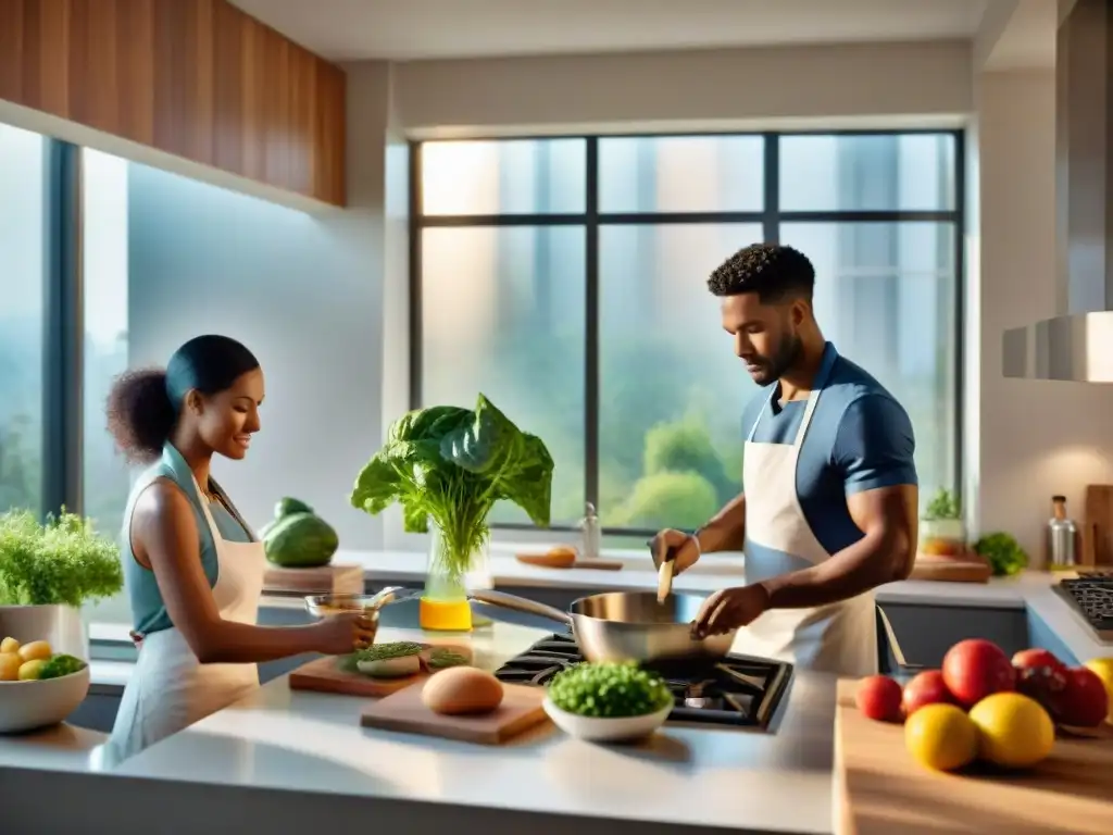 Un equipo diverso cocina juntos en una cocina moderna, preparando diferentes comidas sin alérgenos con cuidado