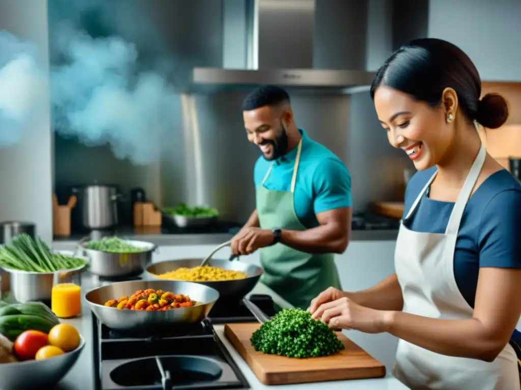 Un equipo diverso prepara deliciosos platillos sin gluten en una cocina moderna y luminosa, mostrando colaboración y creatividad culinaria