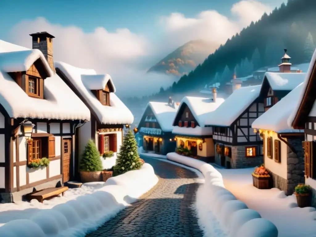 Escapadas de invierno sin gluten: Pintoresco pueblo europeo invernal cubierto de nieve, chalets encantadores, luces brillantes y chimeneas humeantes