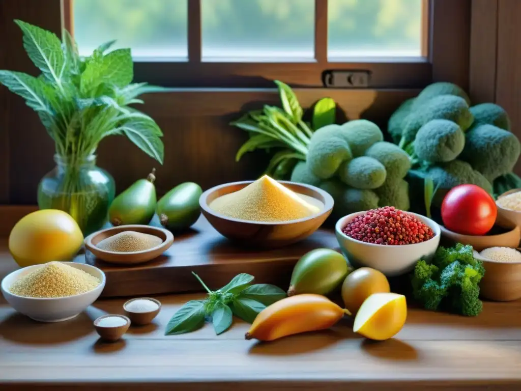 Una escena abundante de ingredientes gourmet sin gluten en una mesa de madera rústica, iluminada por el sol