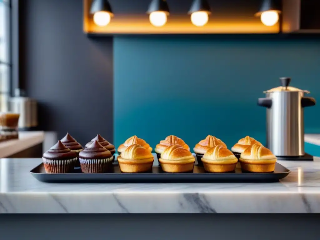 Una escena acogedora en una cafetería moderna con una variedad de pasteles sin gluten, tendencia gastronómica, en un elegante mostrador de mármol