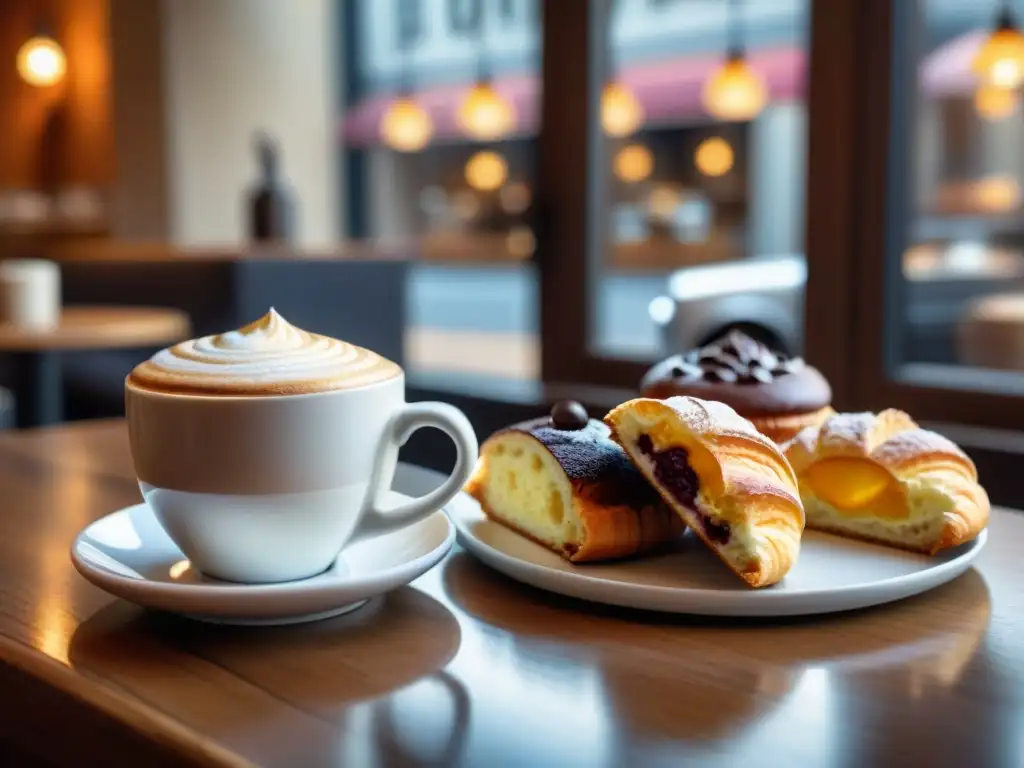 Escena acogedora de cafetería con opciones sin gluten para café: exquisitas pastelerías en mesa de madera junto a taza humeante