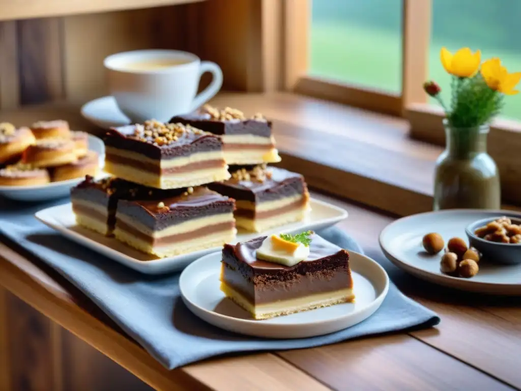 Escena acogedora en cabaña canadiense con recetas sin gluten: poutine, salmón glaseado y butter tarts en mesa rústica iluminada por luz natural