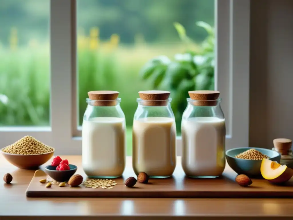 Escena acogedora de cocina con alternativas leche sin gluten como leche de almendra, coco y avena en botellas de vidrio