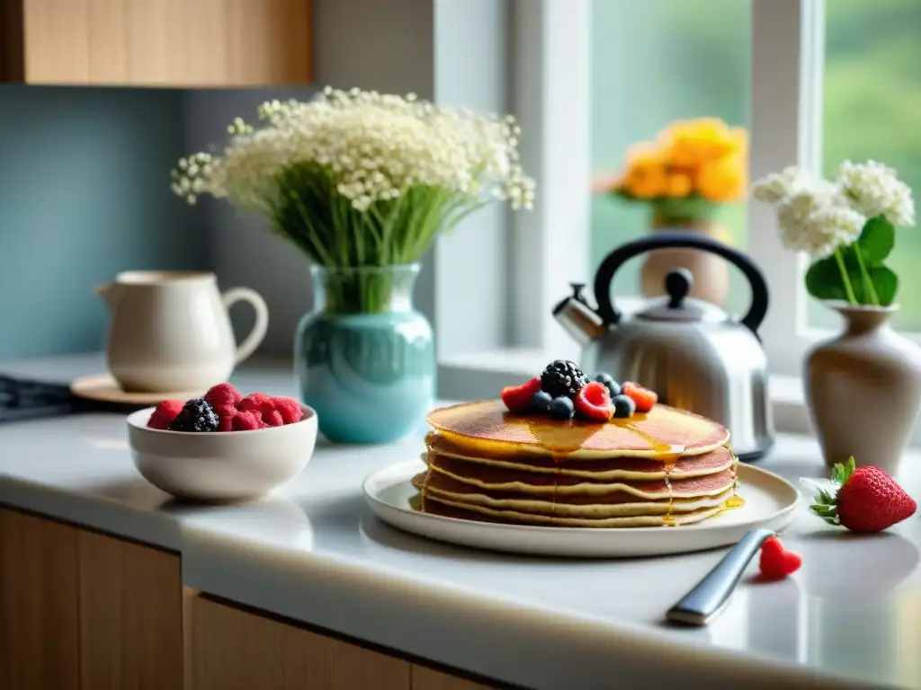 Escena acogedora de cocina con desayuno de avena sin gluten beneficios, iluminada por luz matutina suave