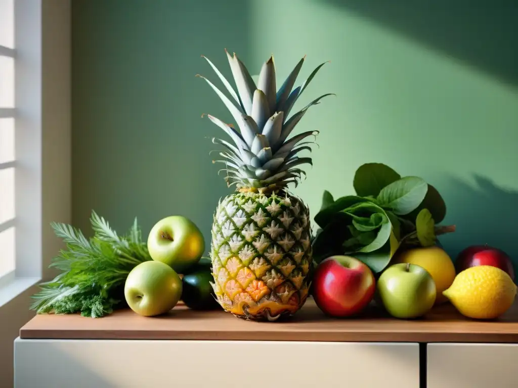 Escena acogedora en la cocina con frutas y verduras frescas y coloridas sobre una encimera de madera