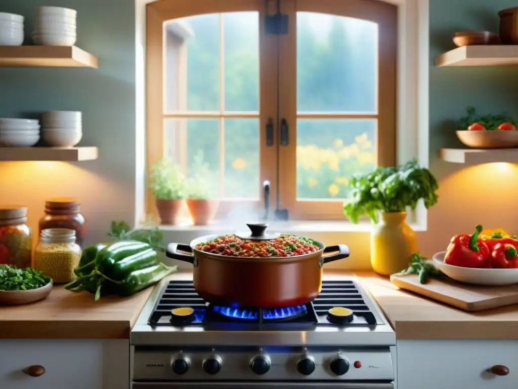 Una escena acogedora de cocina con un guiso vegano caliente en la estufa y vegetales frescos coloridos