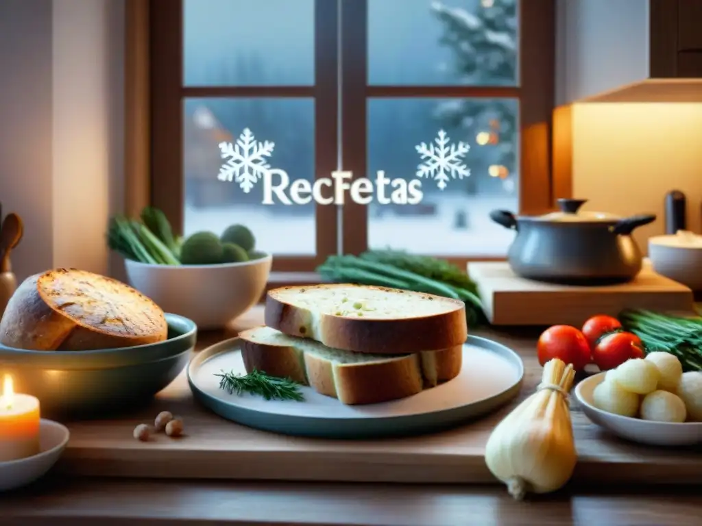 Escena acogedora de cocina invernal con recetas reconfortantes sin gluten, perfecta para inspiración culinaria de invierno