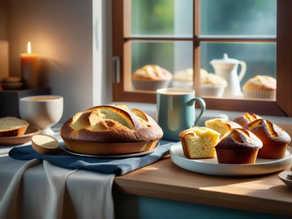 Escena acogedora de cocina con mesa de madera llena de delicias sin gluten recién horneadas