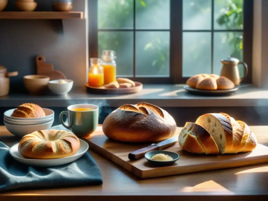 Una escena acogedora de cocina con una mesa de madera rústica llena de pan y pasteles recién horneados sin gluten