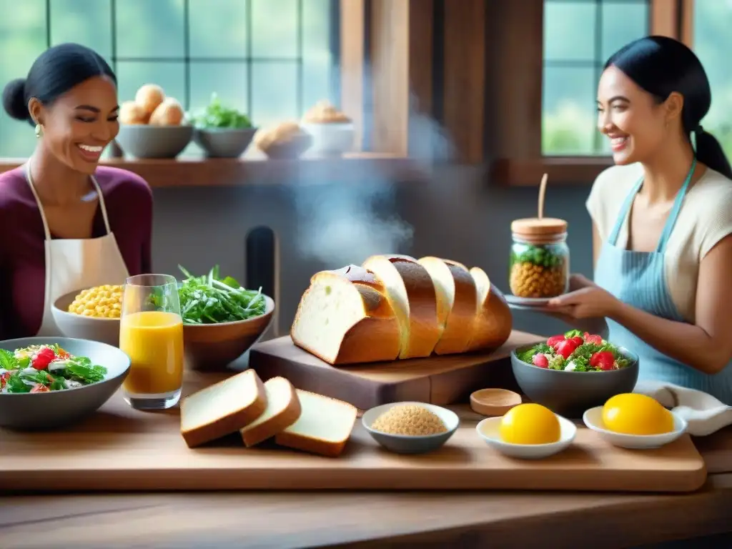 Una escena acogedora en una cocina moderna con una variedad de alimentos sin gluten innovadores y sabrosos, dispuestos en una mesa de madera rústica