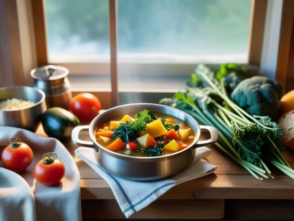 Una escena acogedora de cocina con una olla humeante de reconfortante sopa de verduras sin gluten en invierno, rodeada de coloridas hortalizas