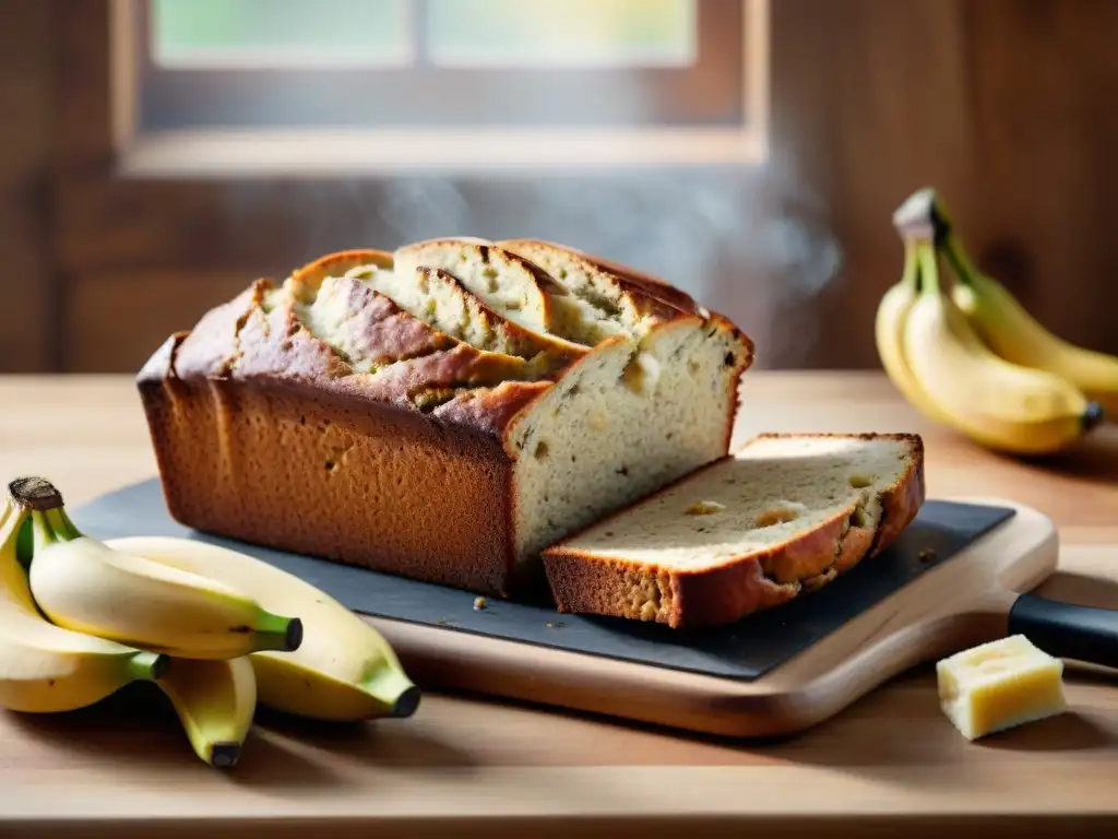 Escena acogedora de cocina con pan de plátano sin gluten, recetas y utensilios de cocina rústicos