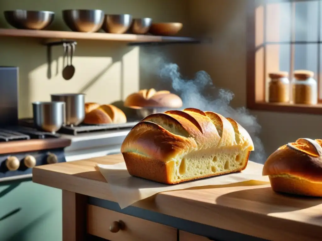 Escena acogedora de una cocina con pasteles veganos sin gluten recién horneados