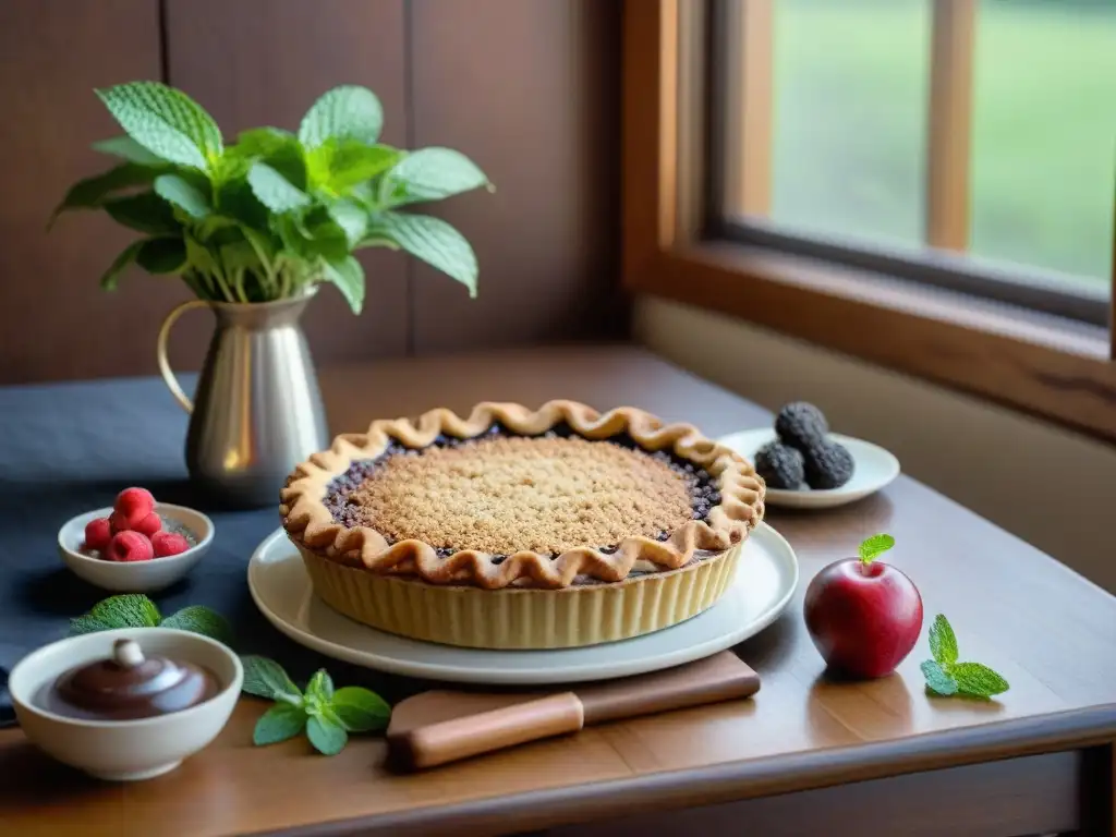 Escena acogedora de cocina con postres de invierno sin gluten: tarta de manzana, torta de chocolate y tarta de frutos rojos