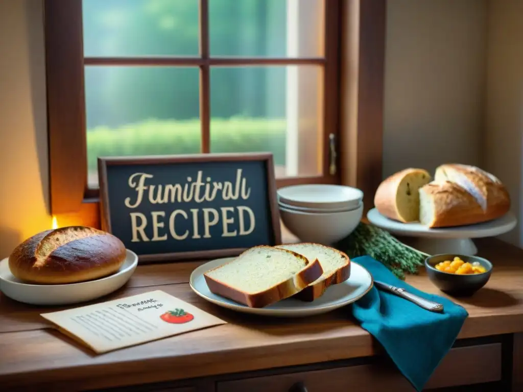 Escena acogedora de cocina con recetas familiares sin gluten tradicionales en mesa rústica