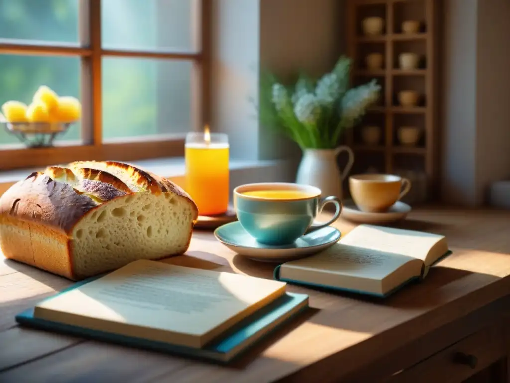 Escena acogedora en la cocina con recetas sin gluten reconfortantes: pan recién horneado, té y libros de cocina coloridos