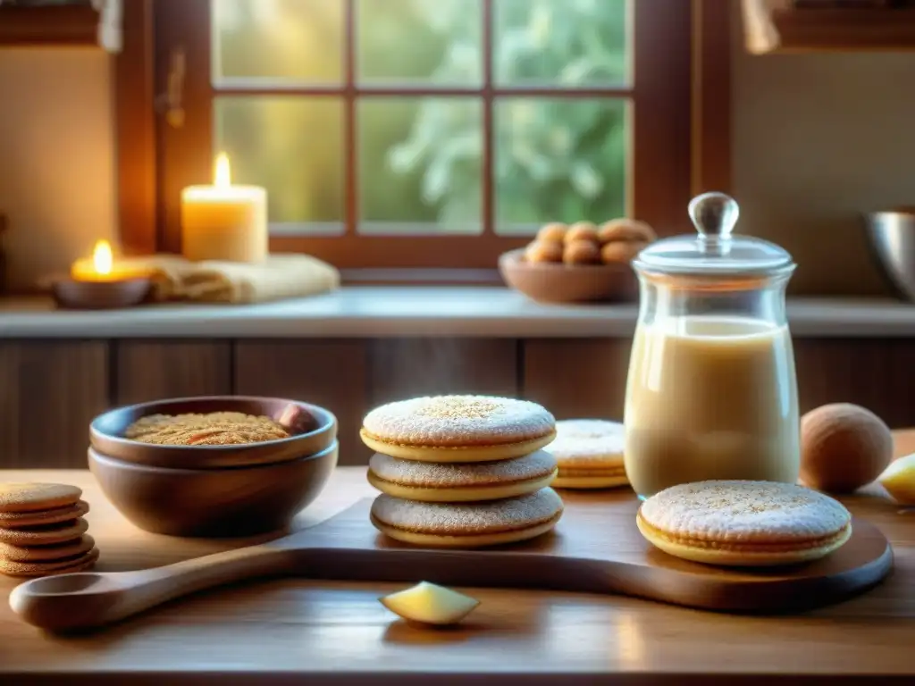 Una escena acogedora de cocina rústica con una mesa de madera llena de dulces tradicionales sin gluten como alfajores, pastelitos y arroz con leche