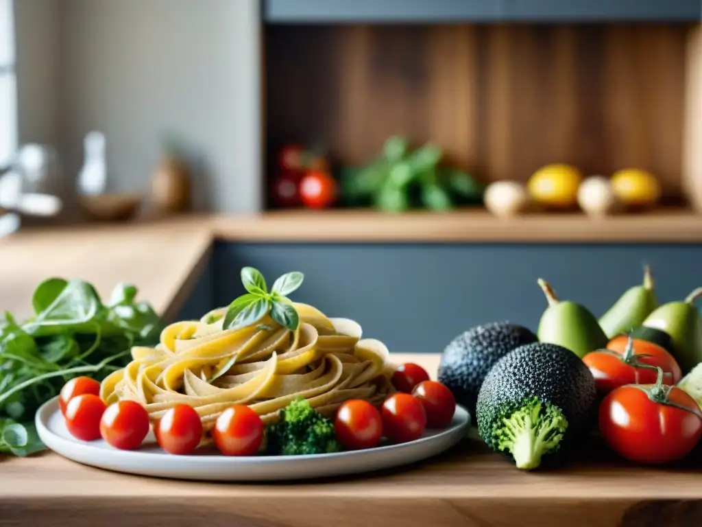 Escena acogedora de una cocina tranquila y luminosa con mesa decorada con frutas, verduras y granos sin gluten, transmitiendo salud y bienestar