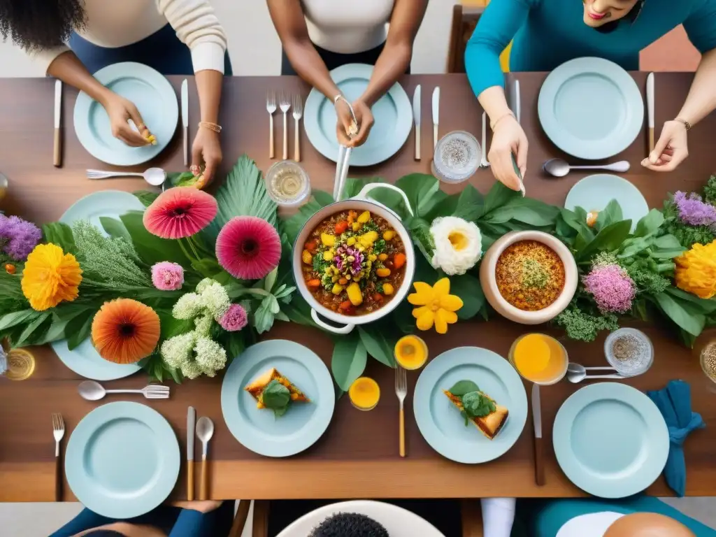 Una escena acogedora y diversa de personas disfrutando de una comida sin gluten en un ambiente inclusivo y cálido