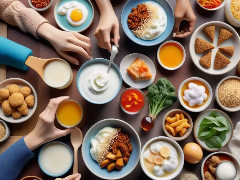 Una escena acogedora de diversidad y bienestar con personas sonrientes alcanzando alimentos probióticos sin gluten, transmitiendo salud digestiva