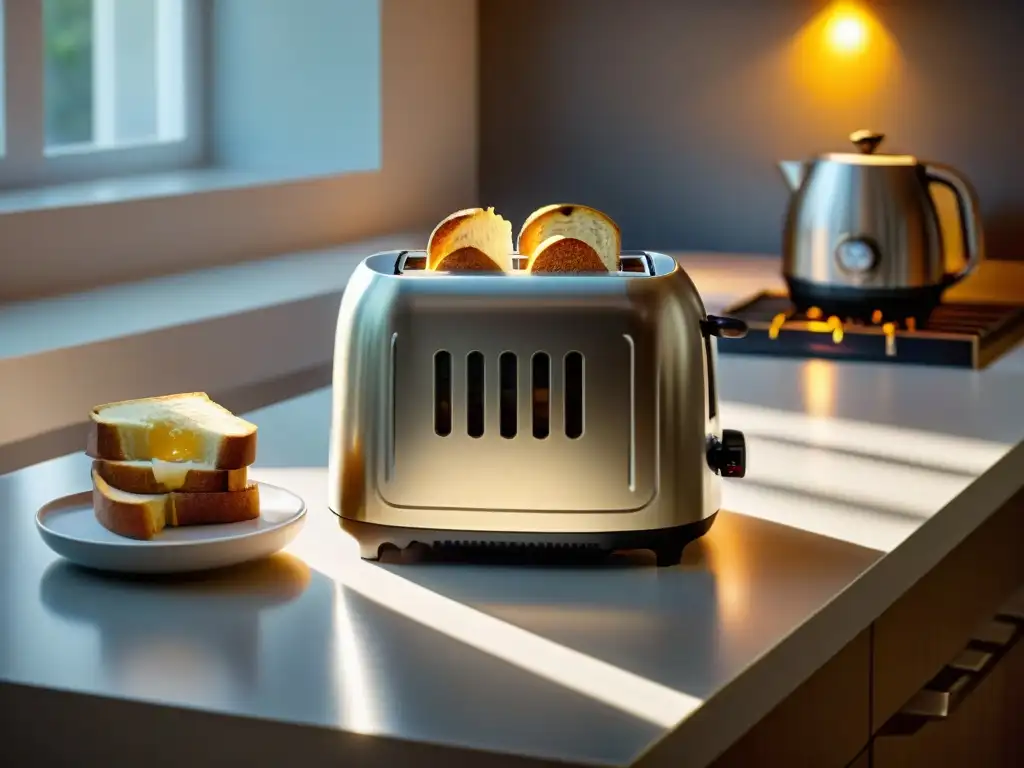 Escena acogedora de las mejores tostadoras sin gluten, con tostadas doradas y luz natural en una cocina impecable