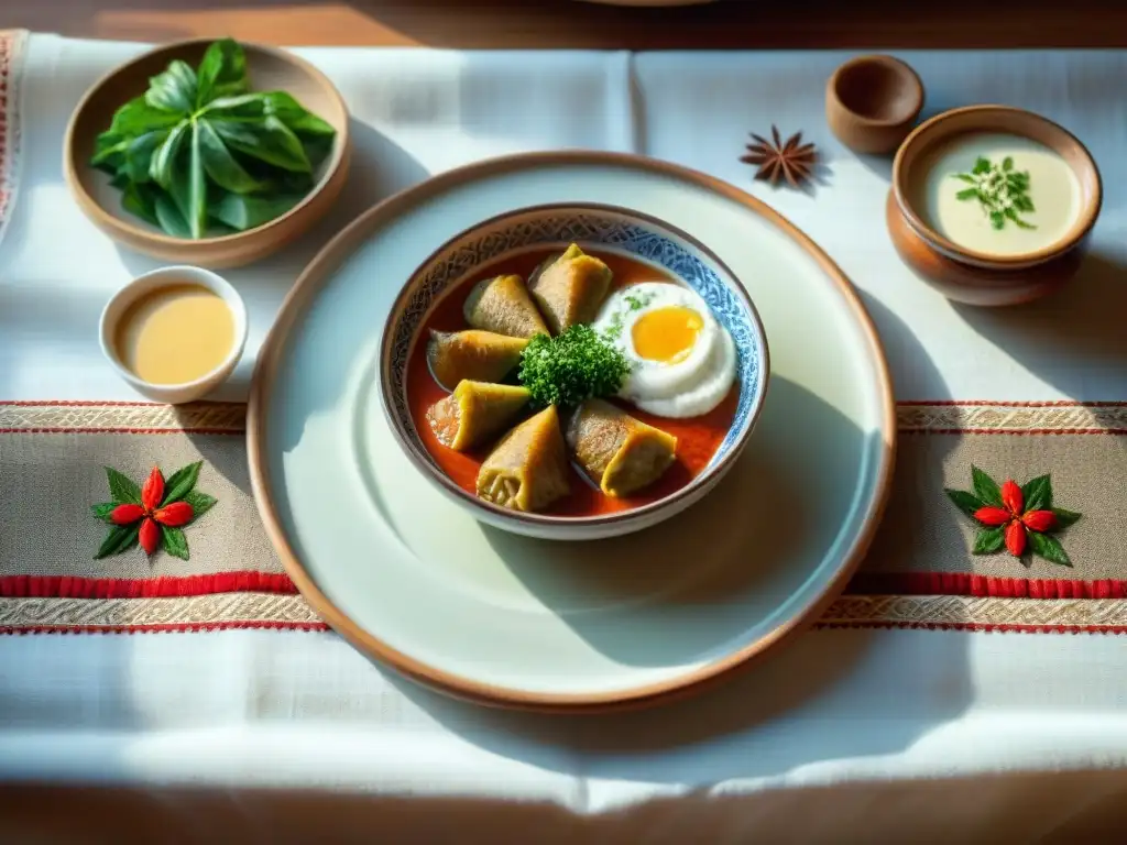 Escena acogedora de mesa rústica con recetas sin gluten con alforfón y vajilla eslava tradicional