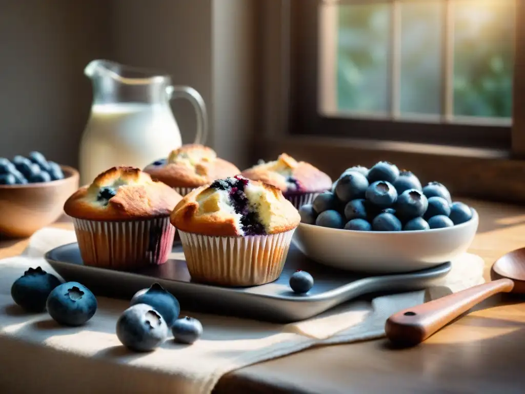 Una escena acogedora de muffins de arándanos sin gluten recién horneados en una mesa rústica, bañados por la cálida luz del sol