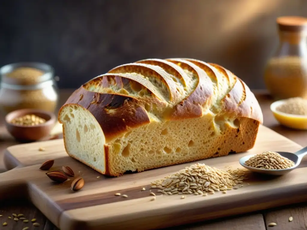 Una escena acogedora de pan sin gluten recién horneado en tabla de madera, con granos esparcidos