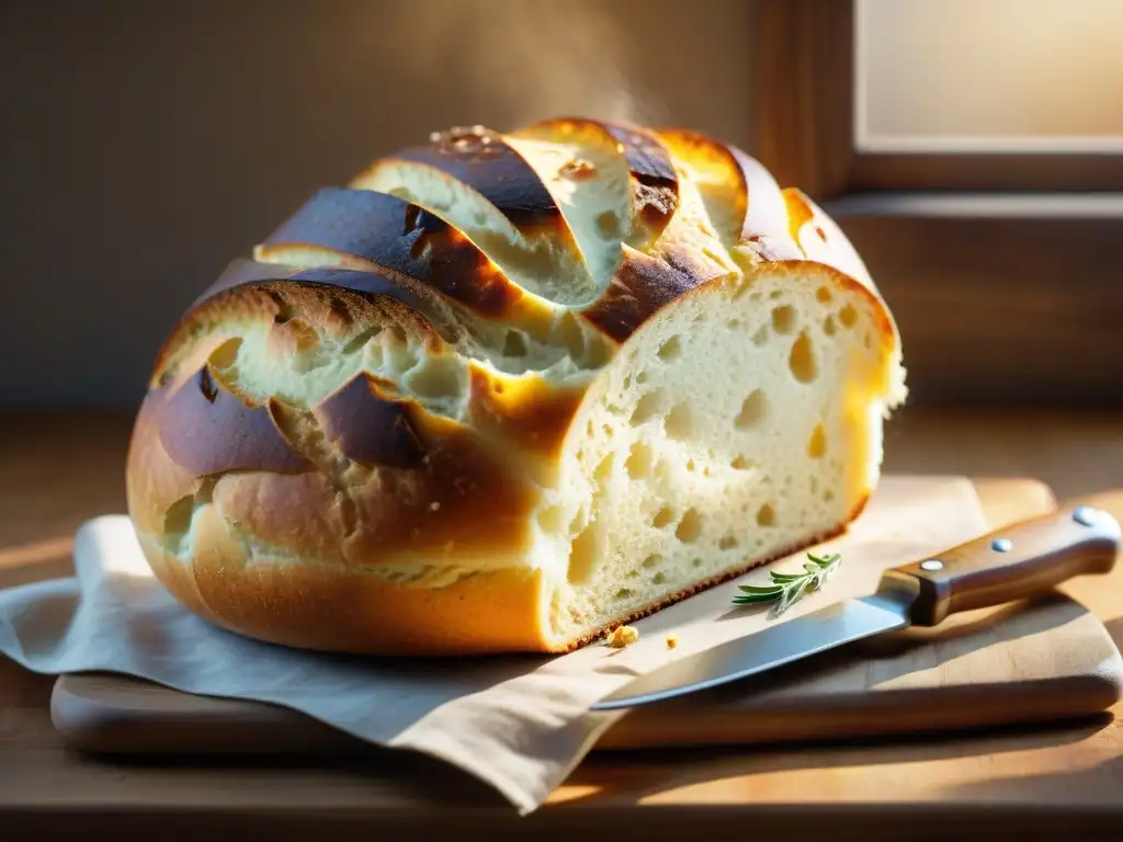 Una escena acogedora con un pan sin gluten recién horneado en máquina, rodeado de harina y hierbas aromáticas