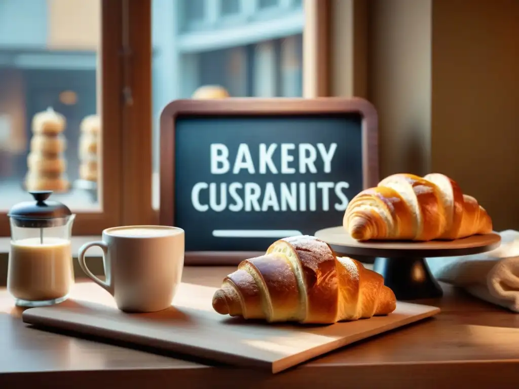 Escena acogedora de panadería francesa sin gluten con croissants y baguettes recién horneados