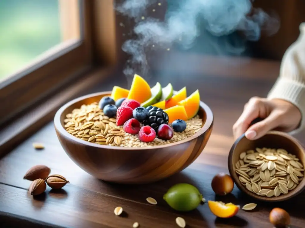 Una escena acogedora de preparación de avena sin gluten con frutas y frutos secos en una mesa rústica