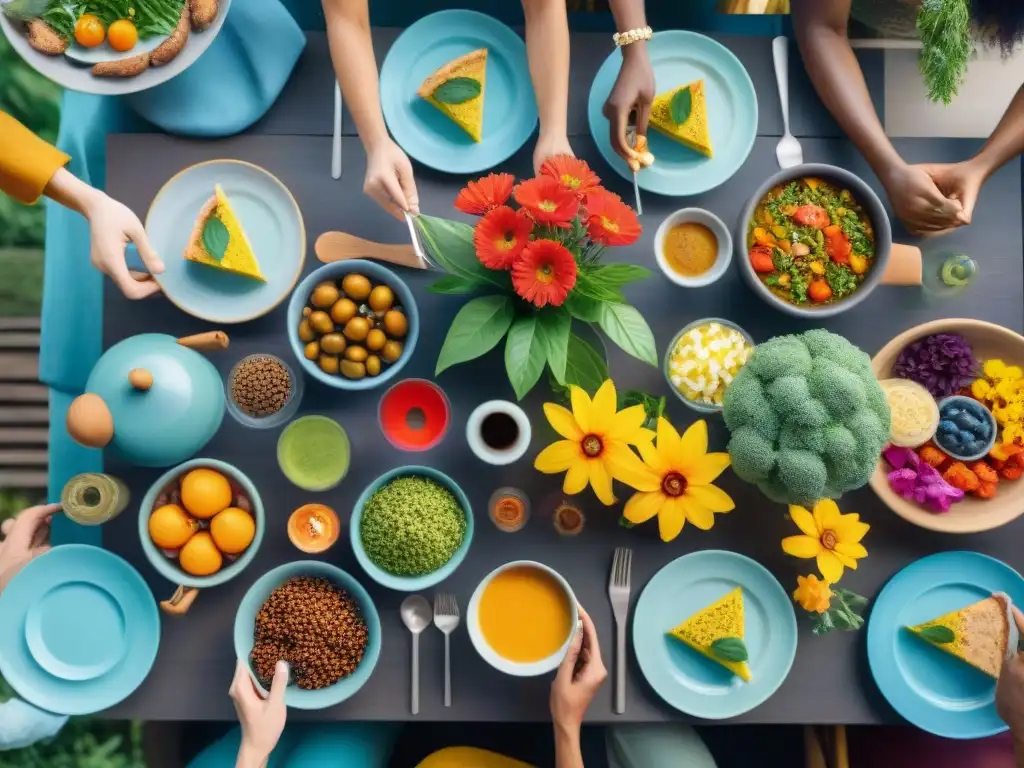 Una escena acogedora y vibrante de personas diversas disfrutando de una comida sin gluten llena de color y sabor