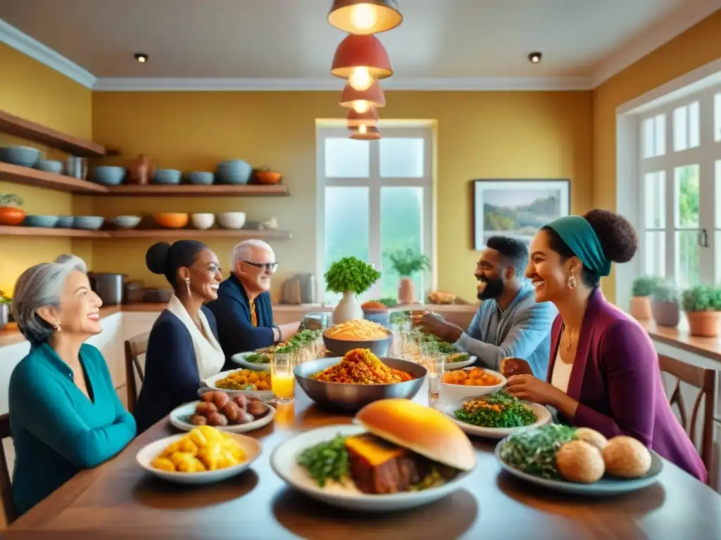 Una escena acogedora y vibrante de personas diversas disfrutando de una comida sin gluten en una cocina soleada y cálida