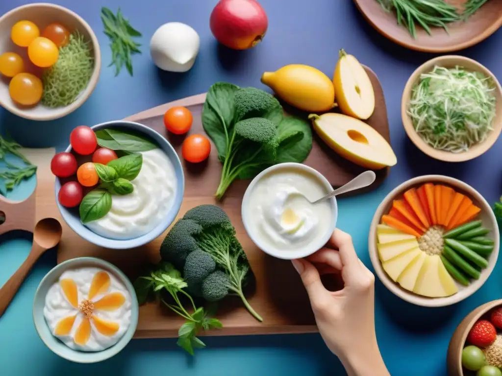 Una escena alegre con diversidad de personas disfrutando de alimentos probióticos sin gluten, transmitiendo beneficios para el ánimo