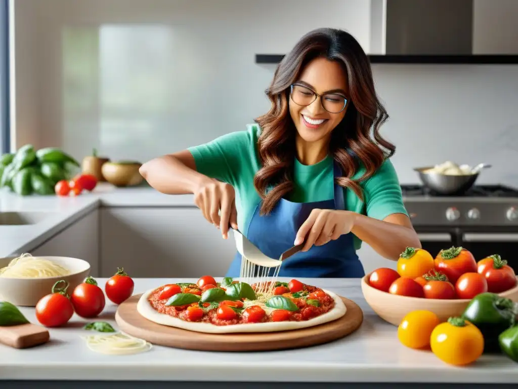 Una escena alegre de personas preparando pizza sin gluten fácil y rápida en una cocina moderna y espaciosa