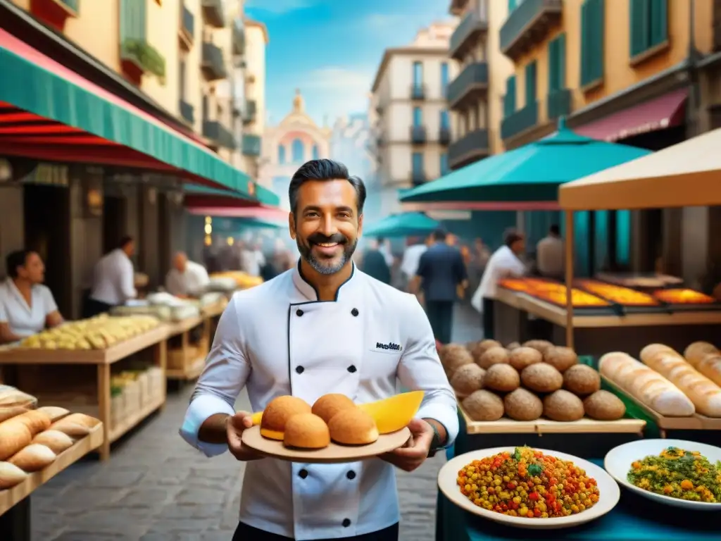 Escena animada de un bullicioso mercado de comida al aire libre en Barcelona, España, con deliciosas tapas sin gluten