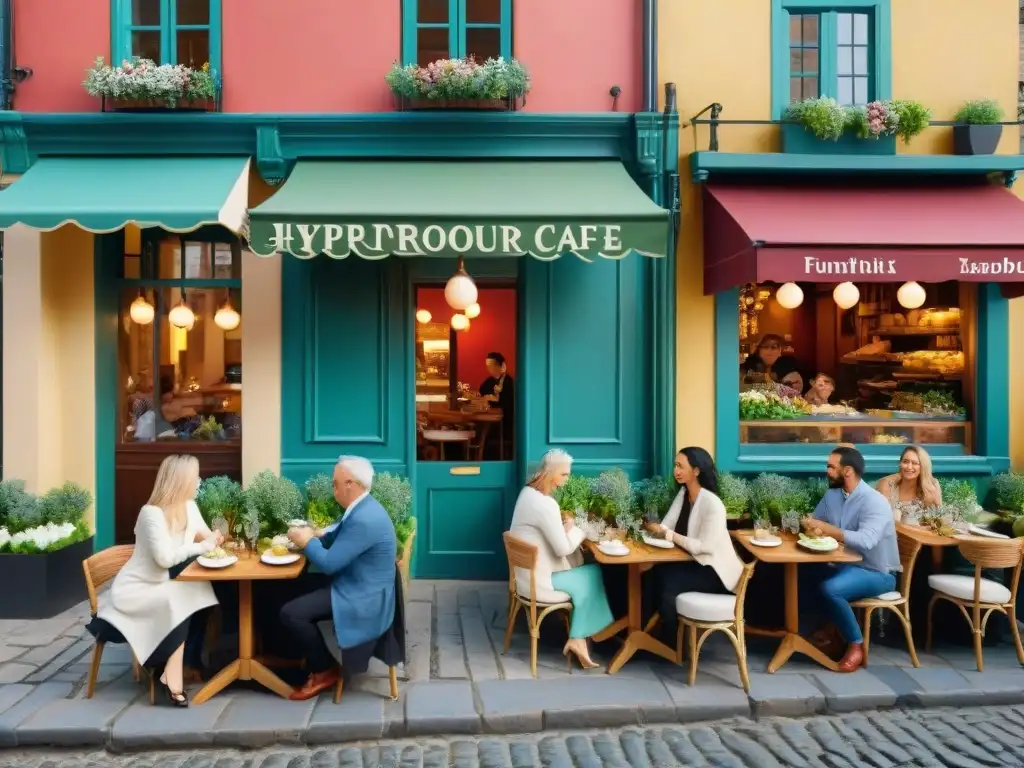 Escena animada de cafetería al aire libre en día soleado, gente diversa disfruta platos sin gluten bajo el sol